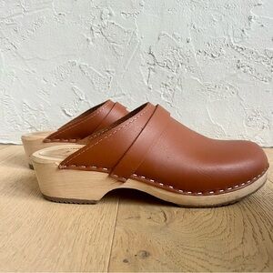 Lotta From Stockholm Leather Clogs Size 9.5 Cognac Swedish Wooden Platform